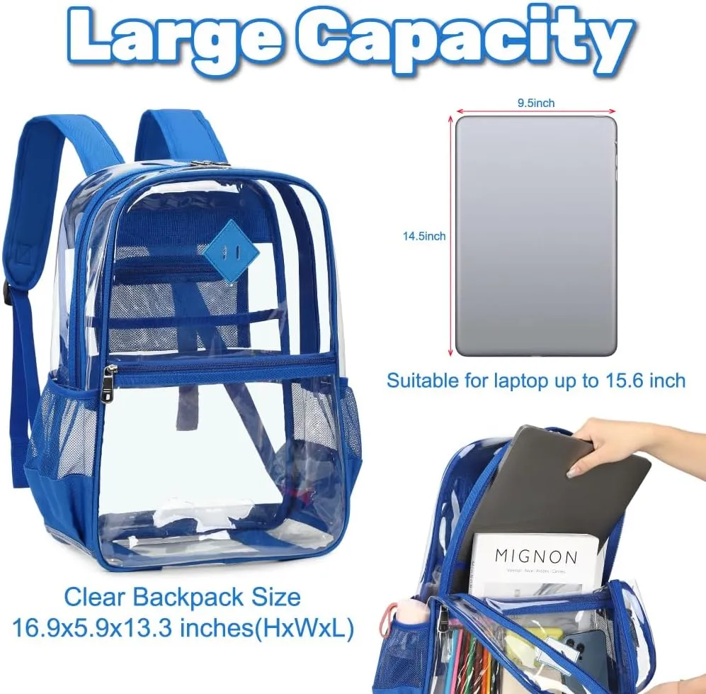 Clear PVC Waterproof Transparent Backpack, Heavy Duty See Through for Girls, Boys, Women, Men - Royal Blue