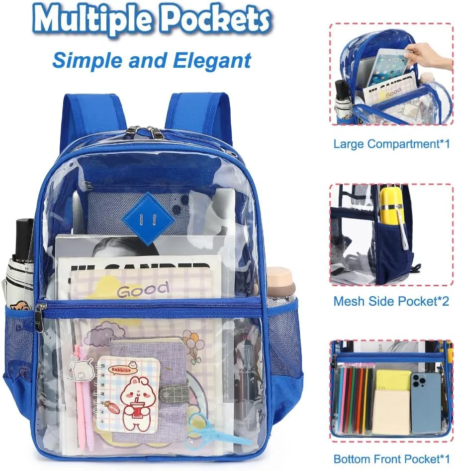 Clear PVC Waterproof Transparent Backpack, Heavy Duty See Through for Girls, Boys, Women, Men - Royal Blue