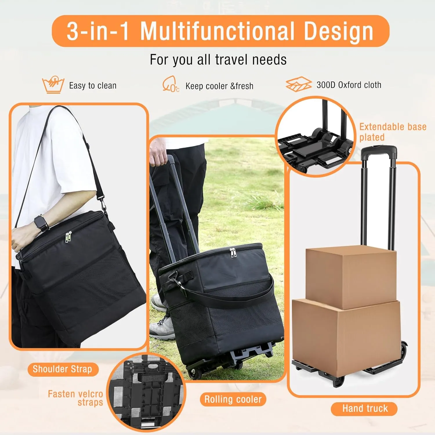 Collapsible Large Rolling Cooler 40L, 60 cans Insulated Soft Cooler Bag with Wheels and Handle, Lightweight Cooler on Wheels, Rolling Cooler Cart for Camping, Beach, Picnics