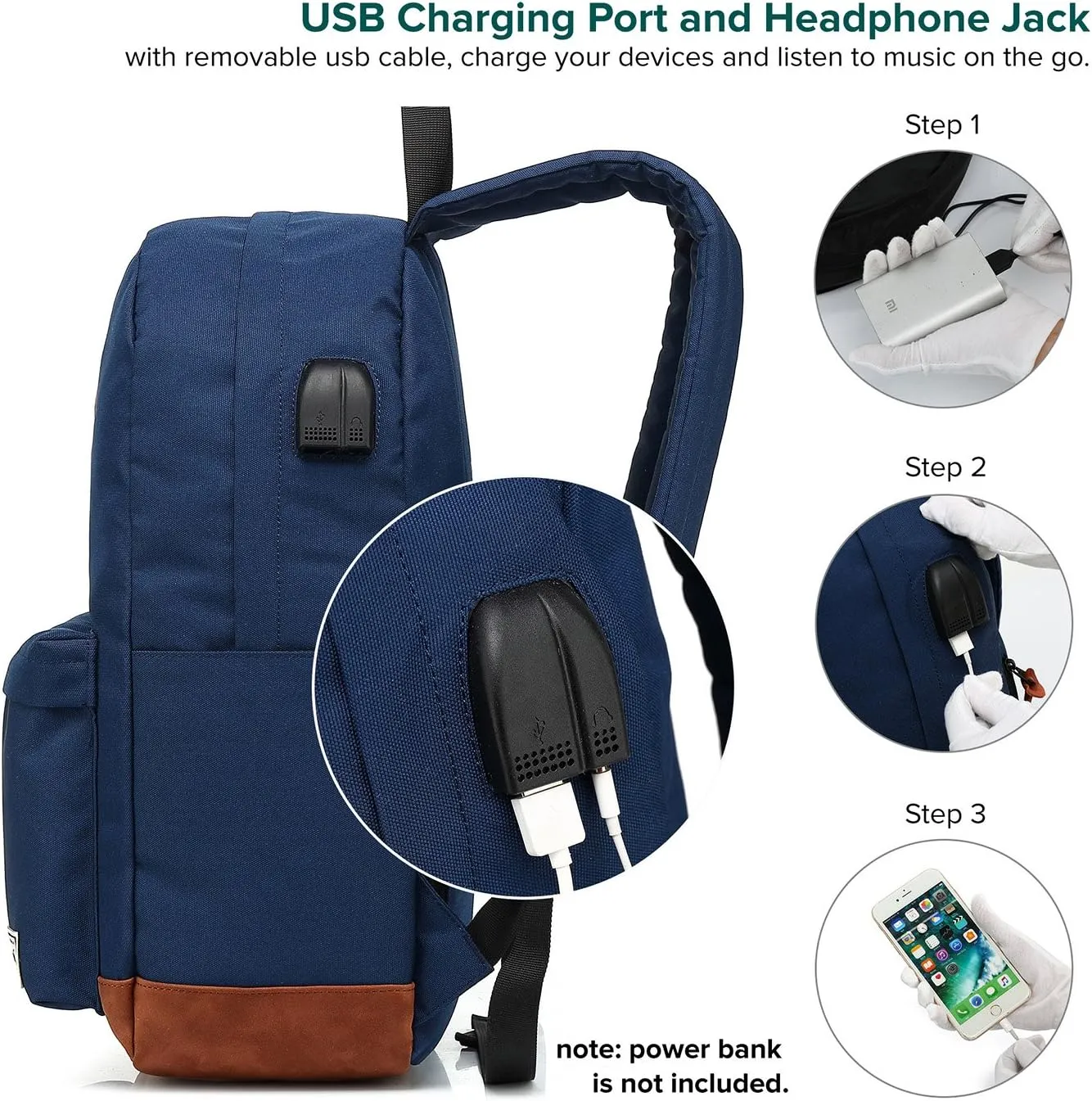 College Backpack, Water-resistent Laptop Backpack with USB Charging Port & Headphone Adapter for Men & Women Slim Anti-Theft Travel Bookbags Fits up to 14'' Computer 15'' Macbook - Blue
