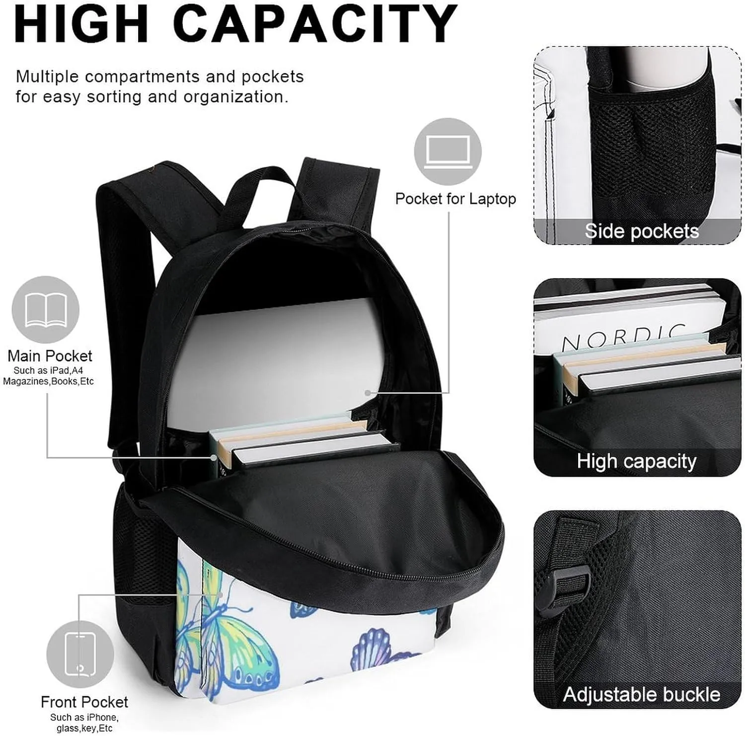 Colorful Butterfly Lightweight Pocket Backpack Crossbody Lunch Bag Set Unisex