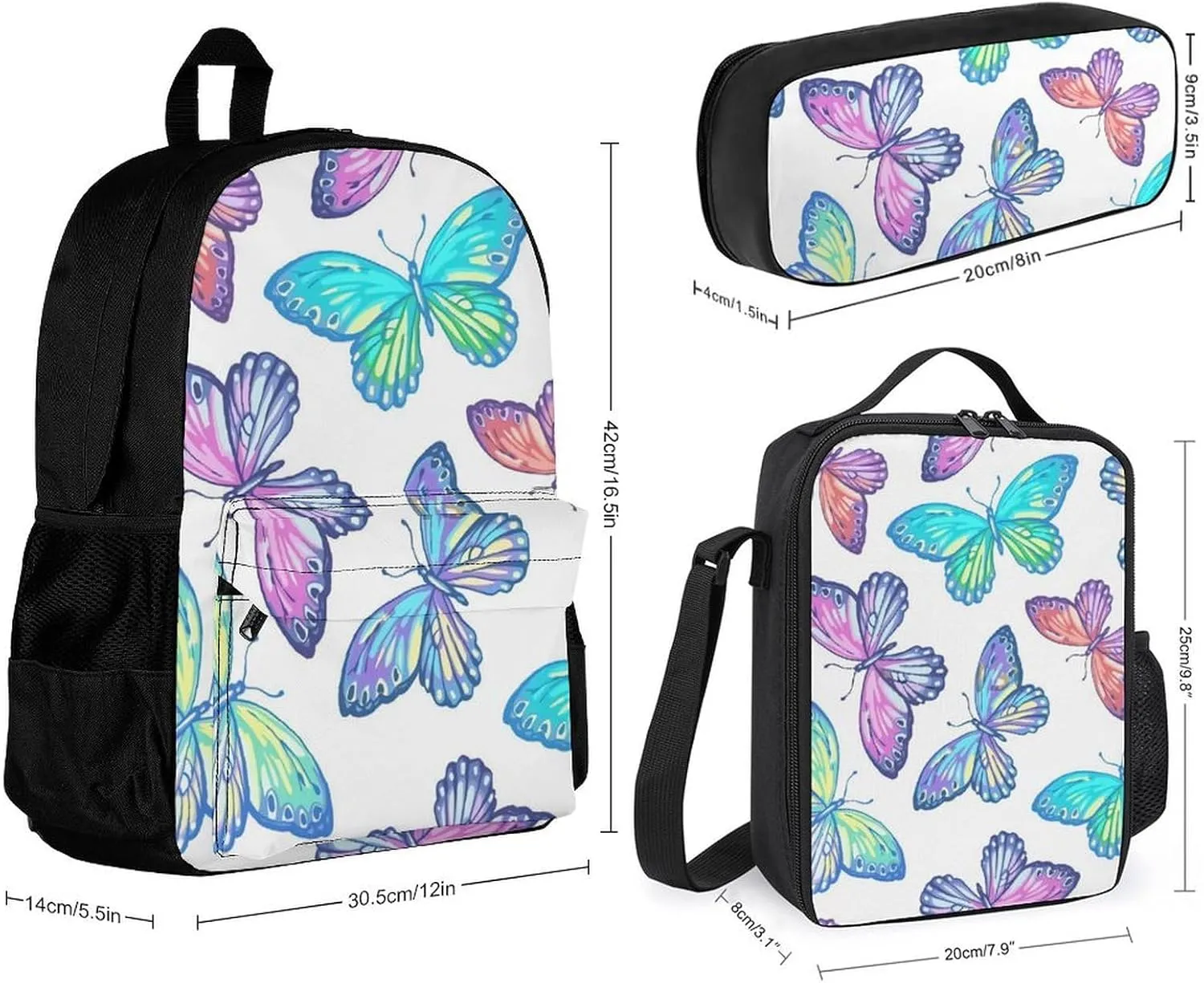 Colorful Butterfly Lightweight Pocket Backpack Crossbody Lunch Bag Set Unisex