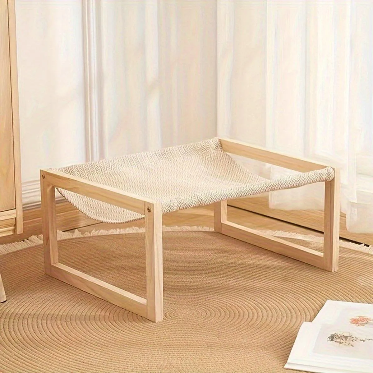 Comfortable Solid Pine Wood Pet Bed Raised Breathable Rectangular Cat Sleep