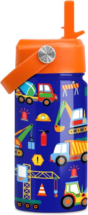 Construction Water Bottle - Kids Water Bottle with Straw Lid - 12 Oz Insulated Stainless Steel Water Bottles for Toddlers Kid Boys - Travel Cup for School Sports