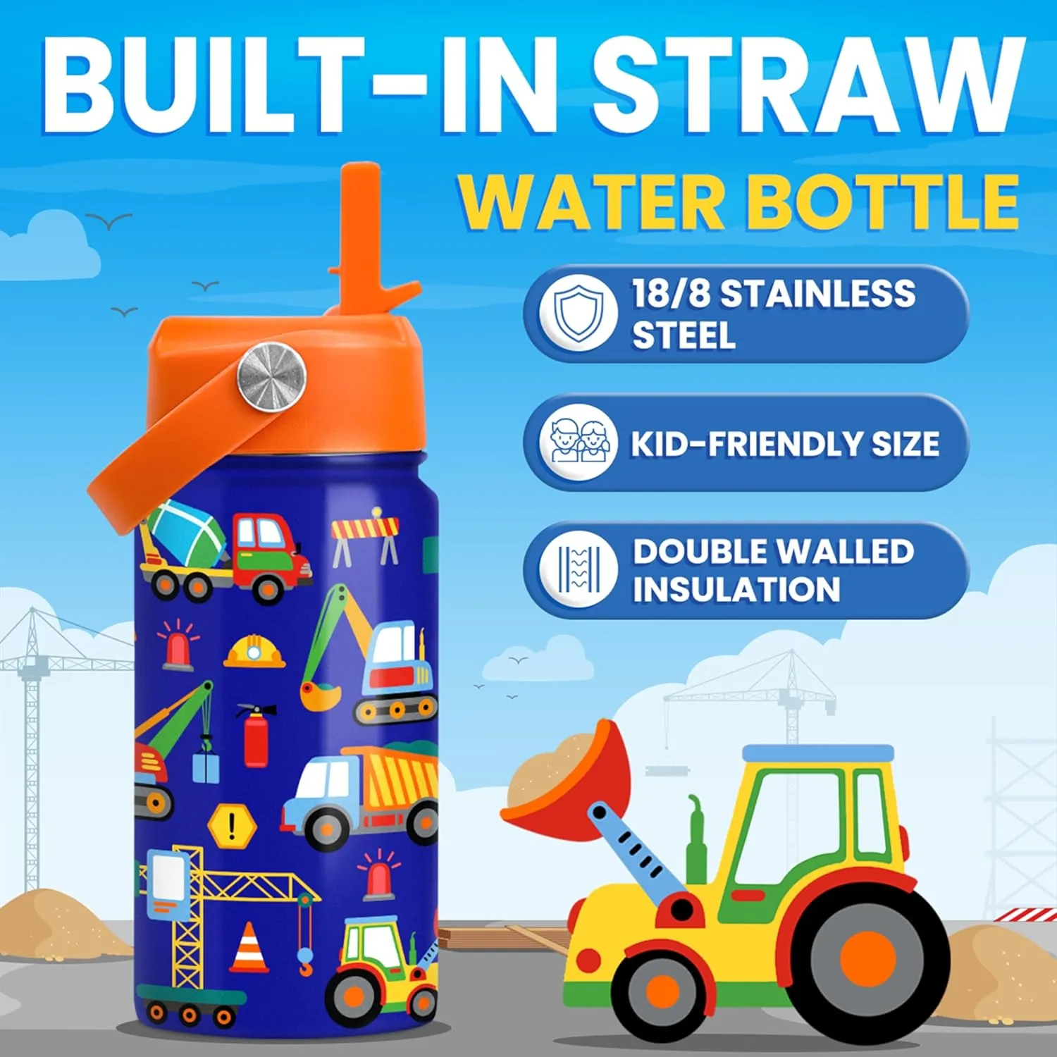 Construction Water Bottle - Kids Water Bottle with Straw Lid - 12 Oz Insulated Stainless Steel Water Bottles for Toddlers Kid Boys - Travel Cup for School Sports
