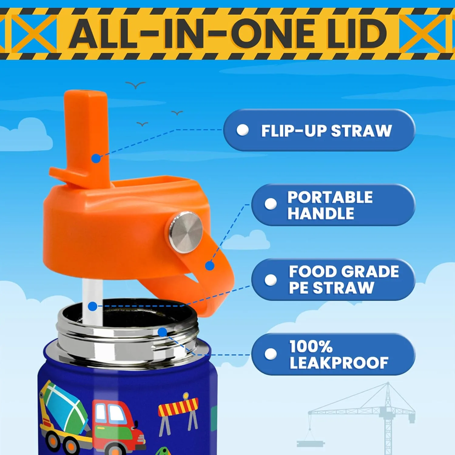 Construction Water Bottle - Kids Water Bottle with Straw Lid - 12 Oz Insulated Stainless Steel Water Bottles for Toddlers Kid Boys - Travel Cup for School Sports