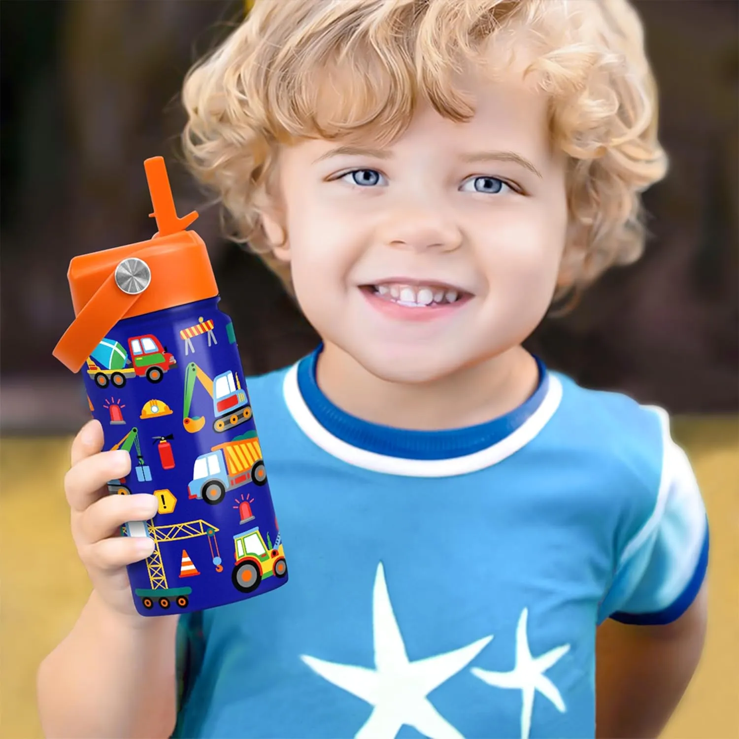 Construction Water Bottle - Kids Water Bottle with Straw Lid - 12 Oz Insulated Stainless Steel Water Bottles for Toddlers Kid Boys - Travel Cup for School Sports