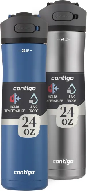 Contigo 24oz Leakproof Stainless Steel Water Bottle with Straw & Handle Dual Insulated for Cold & Hot Drinks -(Pack of 2)