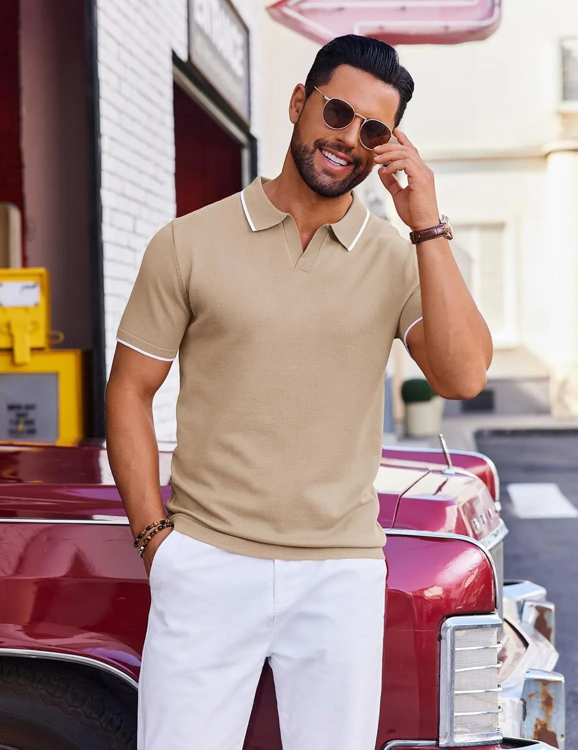 COOFANDY Mens Polo Shirts Short Sleeve Casual Knit Polo Shirt Vintage Golf T Shirts Old Money Tops
