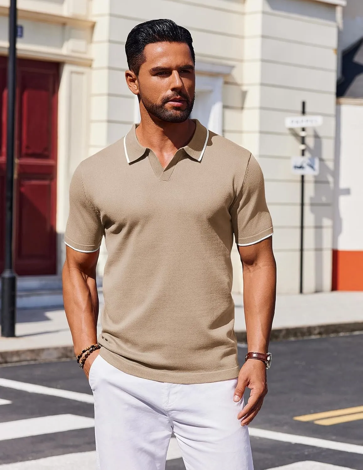 COOFANDY Mens Polo Shirts Short Sleeve Casual Knit Polo Shirt Vintage Golf T Shirts Old Money Tops