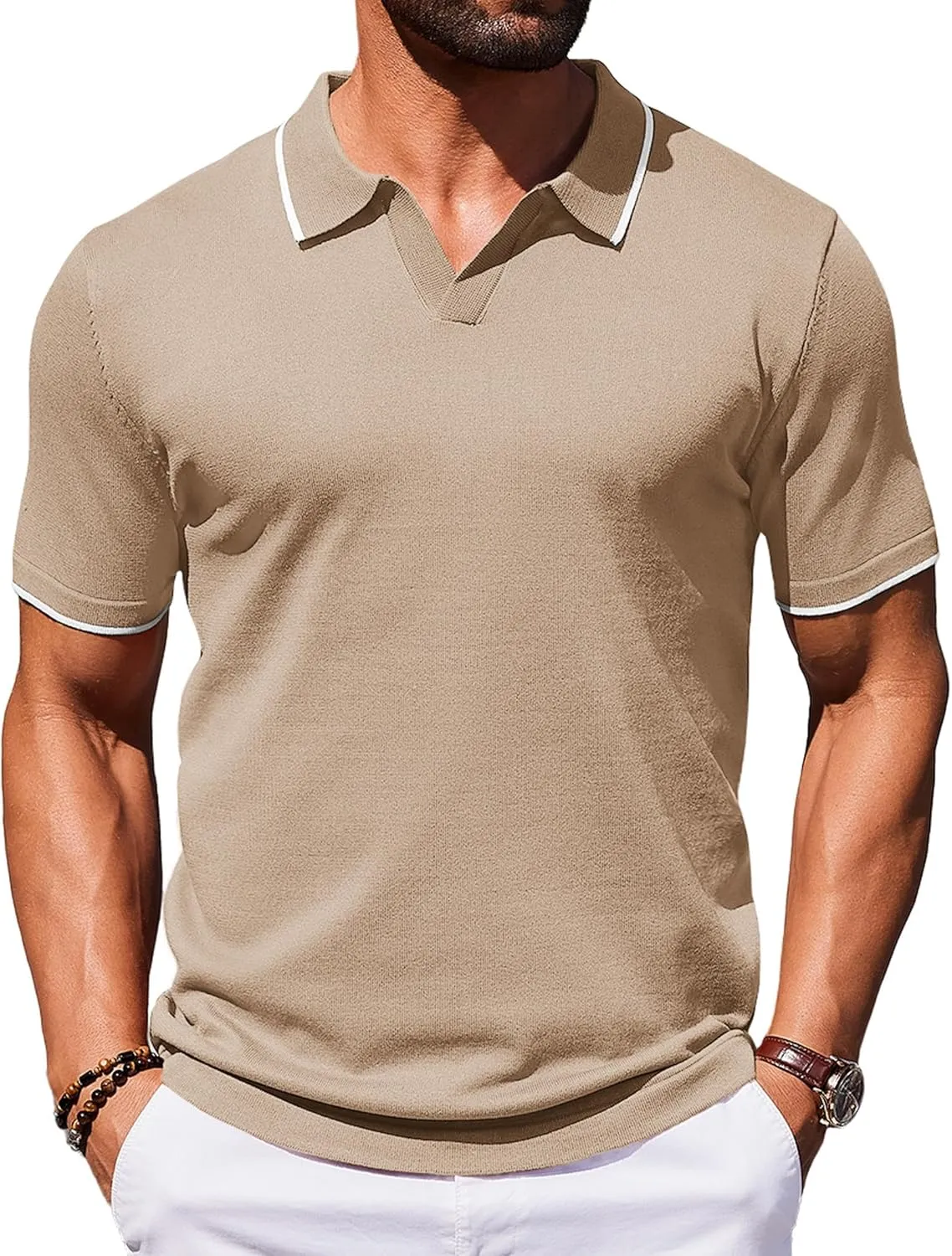 COOFANDY Mens Polo Shirts Short Sleeve Casual Knit Polo Shirt Vintage Golf T Shirts Old Money Tops