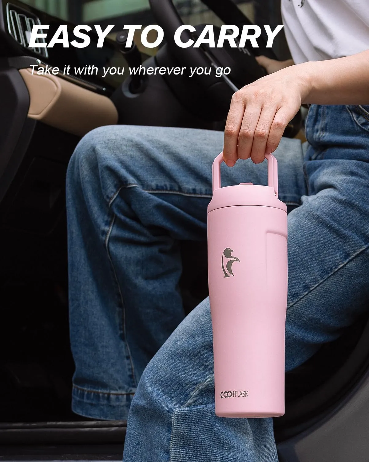 Coolflask 32 oz Insulated Water Bottle, Slim Tumblers with Straw Lid & Handle, Fits Car Cup Holder, Stainless Steel Thermo Flask for Sports, Gym, Travel, Office, Dishwasher Safe, Pink