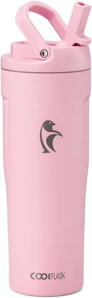 Coolflask 32 oz Insulated Water Bottle, Slim Tumblers with Straw Lid & Handle, Fits Car Cup Holder, Stainless Steel Thermo Flask for Sports, Gym, Travel, Office, Dishwasher Safe, Pink