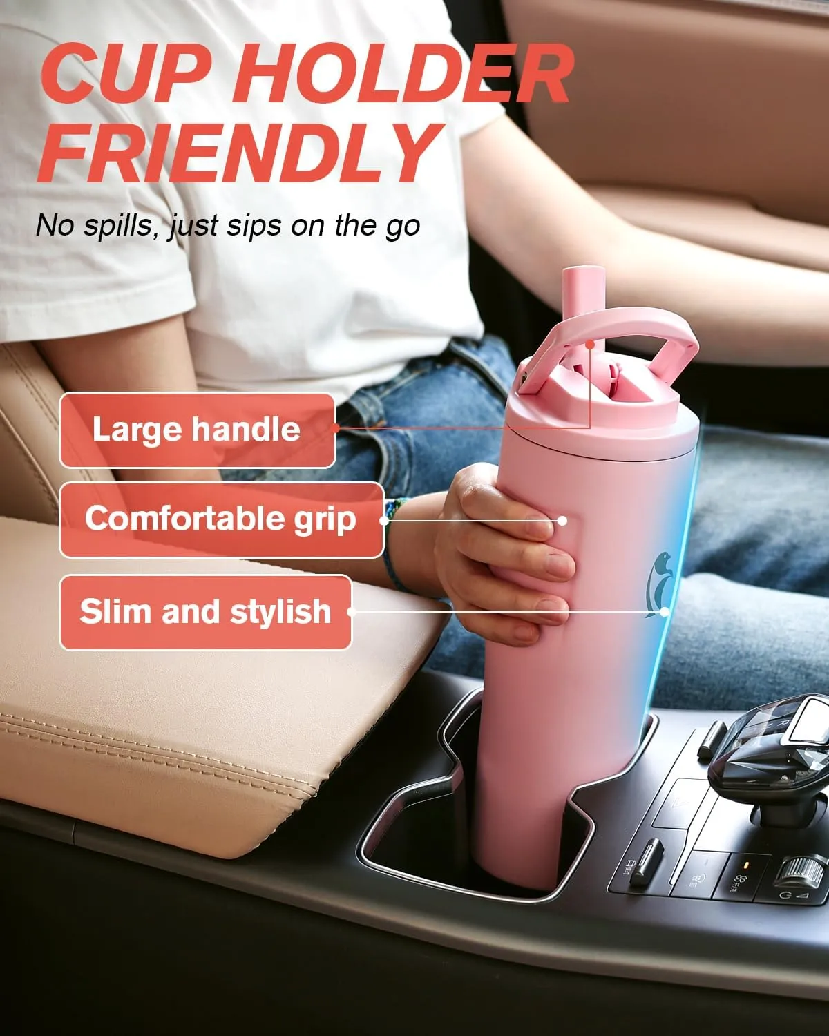 Coolflask 32 oz Insulated Water Bottle, Slim Tumblers with Straw Lid & Handle, Fits Car Cup Holder, Stainless Steel Thermo Flask for Sports, Gym, Travel, Office, Dishwasher Safe, Pink