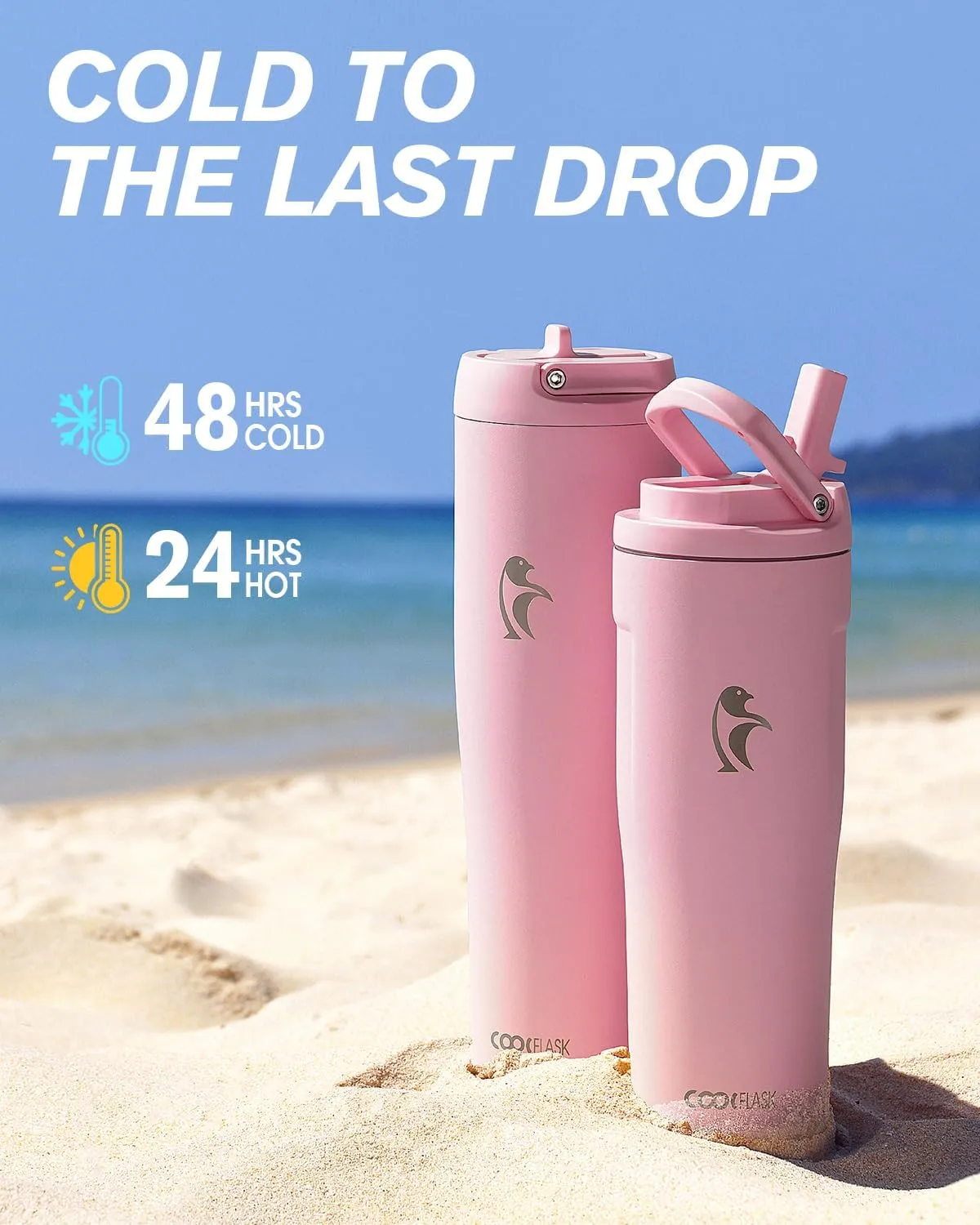 Coolflask 32 oz Insulated Water Bottle, Slim Tumblers with Straw Lid & Handle, Fits Car Cup Holder, Stainless Steel Thermo Flask for Sports, Gym, Travel, Office, Dishwasher Safe, Pink