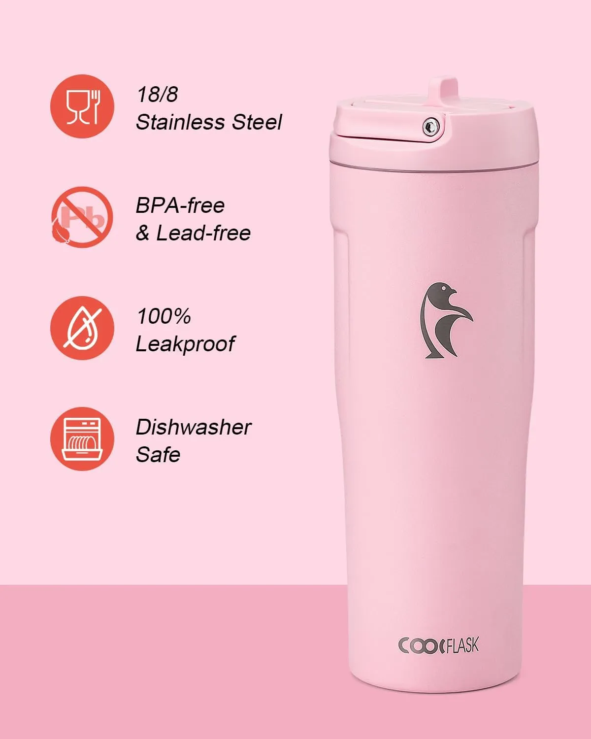 Coolflask 32 oz Insulated Water Bottle, Slim Tumblers with Straw Lid & Handle, Fits Car Cup Holder, Stainless Steel Thermo Flask for Sports, Gym, Travel, Office, Dishwasher Safe, Pink