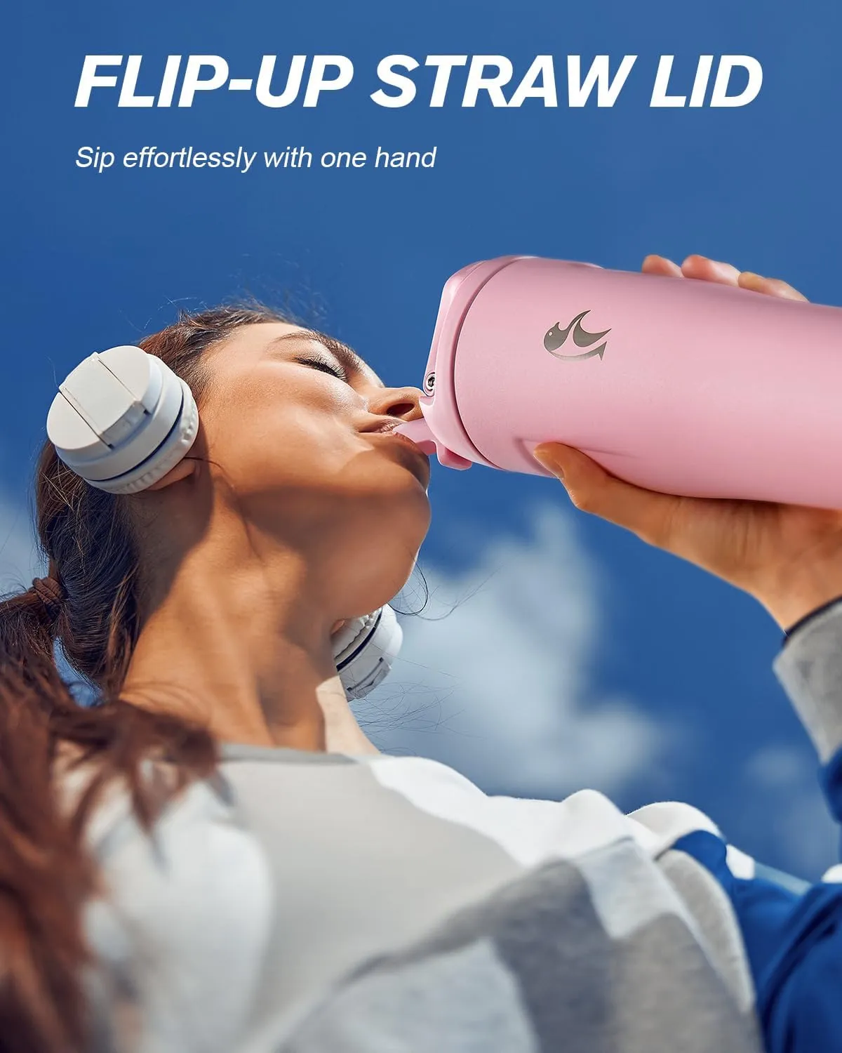 Coolflask 32 oz Insulated Water Bottle, Slim Tumblers with Straw Lid & Handle, Fits Car Cup Holder, Stainless Steel Thermo Flask for Sports, Gym, Travel, Office, Dishwasher Safe, Pink