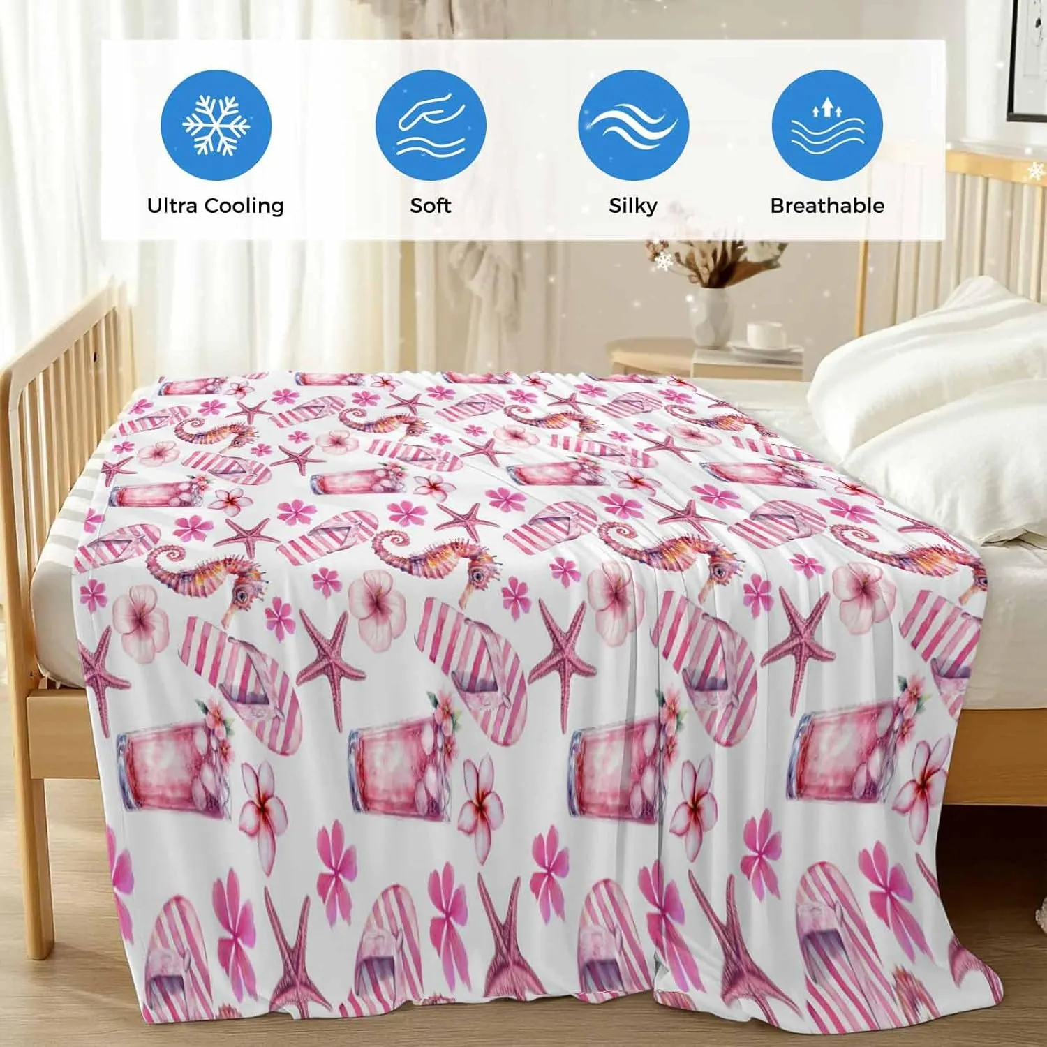 Cooling Blanket 30" x 40" Summer Seahorse Starfish Slippers Drink Breathable Summer Blankets Thin Lightweight Cooling Comforters for Hot Sleepers Throw Blankets for Bed Sofa Couch
