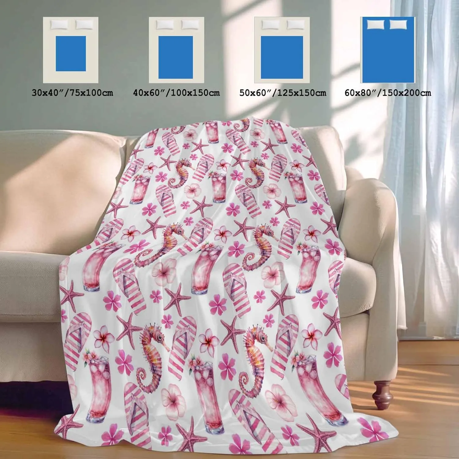 Cooling Blanket 30" x 40" Summer Seahorse Starfish Slippers Drink Breathable Summer Blankets Thin Lightweight Cooling Comforters for Hot Sleepers Throw Blankets for Bed Sofa Couch