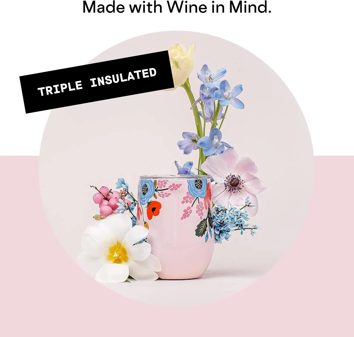 Corkcicle x Rifle Paper Co. Stemless Insulated Wine Glass Tumbler, Blush Lively Floral, 12 oz – Stainless Steel Stemless Wine Glass Keeps Beverages Cold 6hrs, Hot 3hrs – Non-Slip, Easy-Grip Insulated