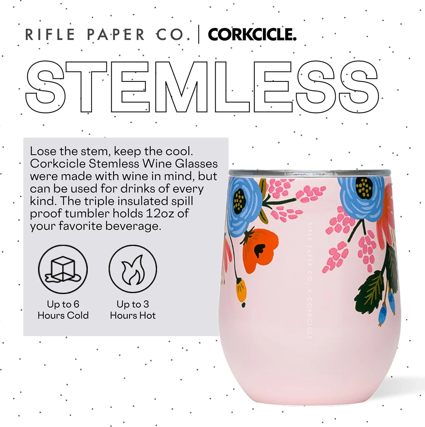 Corkcicle x Rifle Paper Co. Stemless Insulated Wine Glass Tumbler, Blush Lively Floral, 12 oz – Stainless Steel Stemless Wine Glass Keeps Beverages Cold 6hrs, Hot 3hrs – Non-Slip, Easy-Grip Insulated