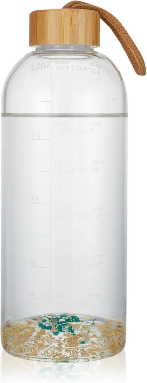 Crazy Music 32oz Glass Water Bottle with Time Marker, 1 Liter Motivational Water Bottle, BPA Free Glass Water Bottle with Times to Drink, Reusable Drinking Water Bottle for Fitness Sports & Outdoors