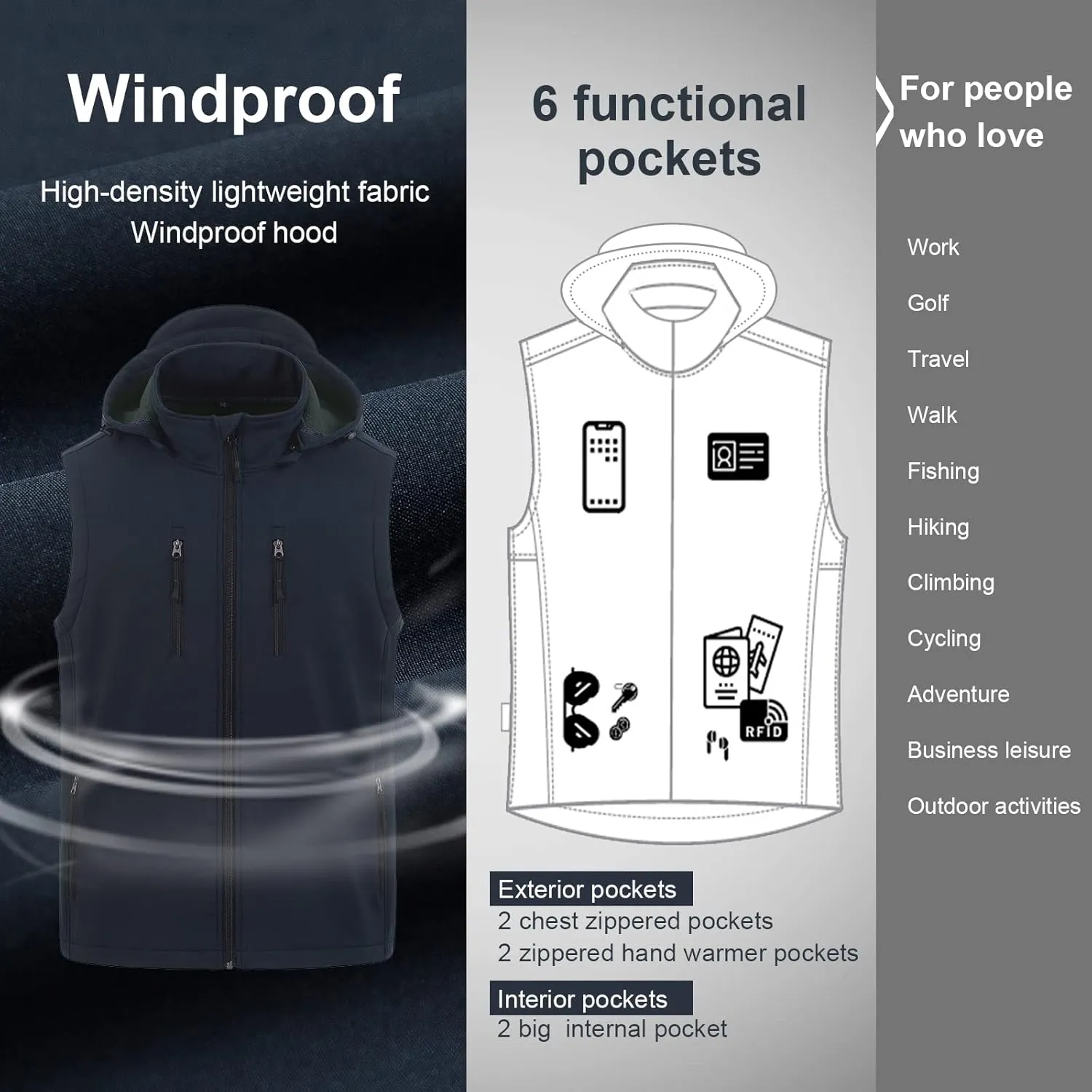 CREATMO US Men's Casual Lightweight Warm Thin Outerwear Vest Windbreaker Sleeveless Jacket With Removable Hood
