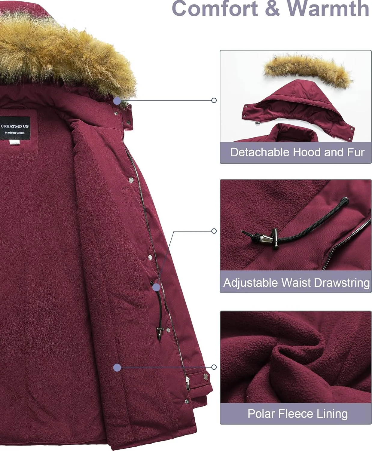 CREATMO US Women's Plus Size Winter Coat Waterproof Long Puffer Jacket Warm Military Thicken Parka with Fur Hood