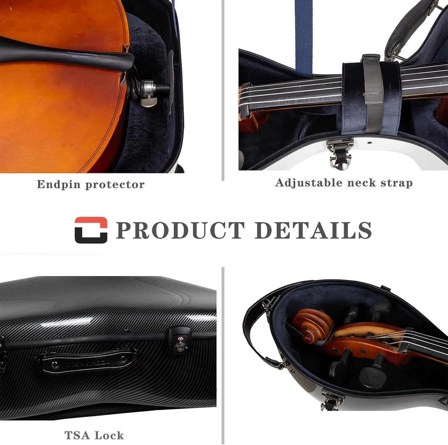 Crossrock Ultra-light Fiberglass Cello Case with Wheels-Fits 4/4 Full-size Cello- Includes Padded Music Pouch, 3 Handles, Removable Shoulder Straps, TSA Lock-Black (CRF5030CEFBK)