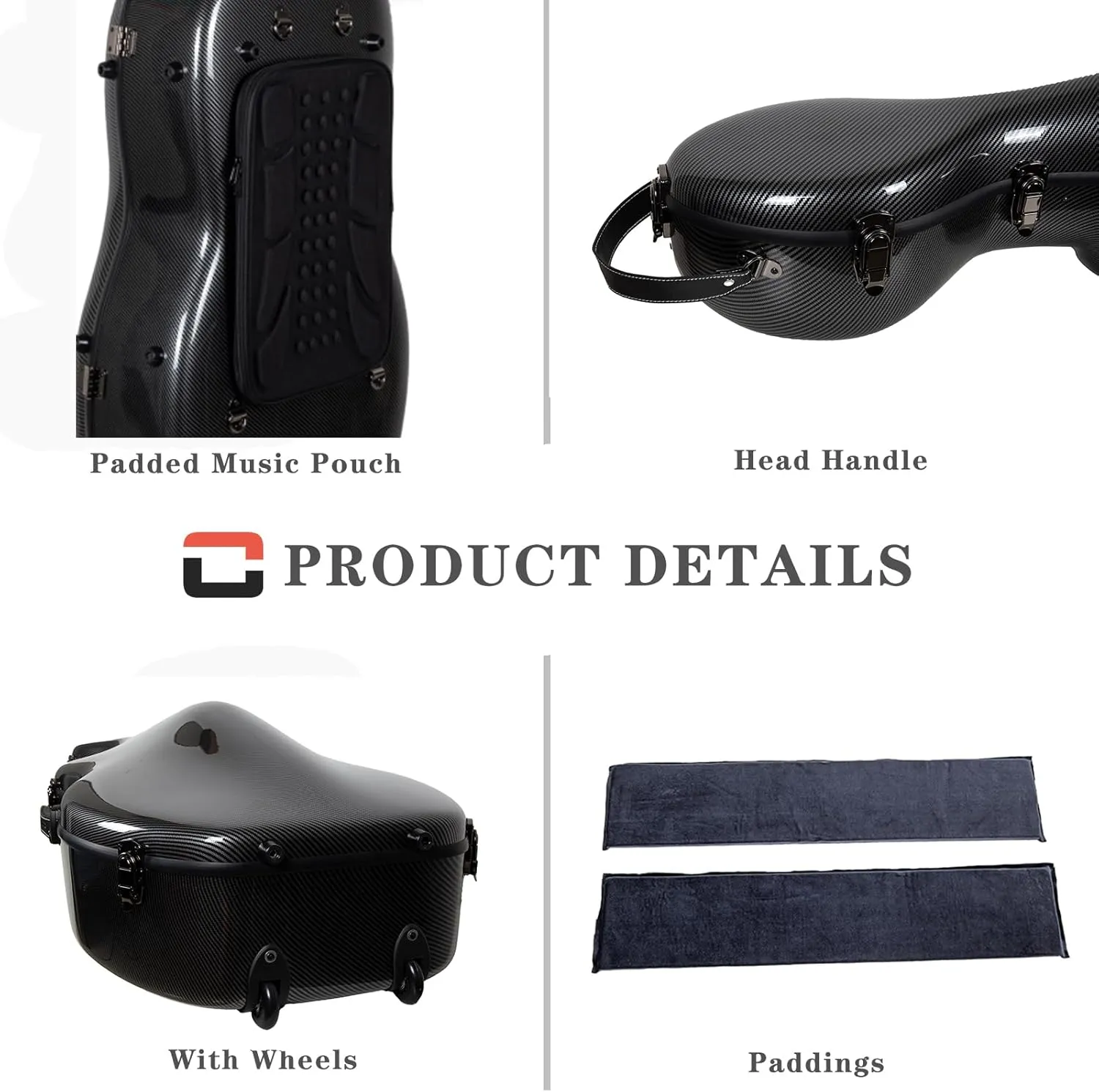 Crossrock Ultra-light Fiberglass Cello Case with Wheels-Fits 4/4 Full-size Cello- Includes Padded Music Pouch, 3 Handles, Removable Shoulder Straps, TSA Lock-Black (CRF5030CEFBK)