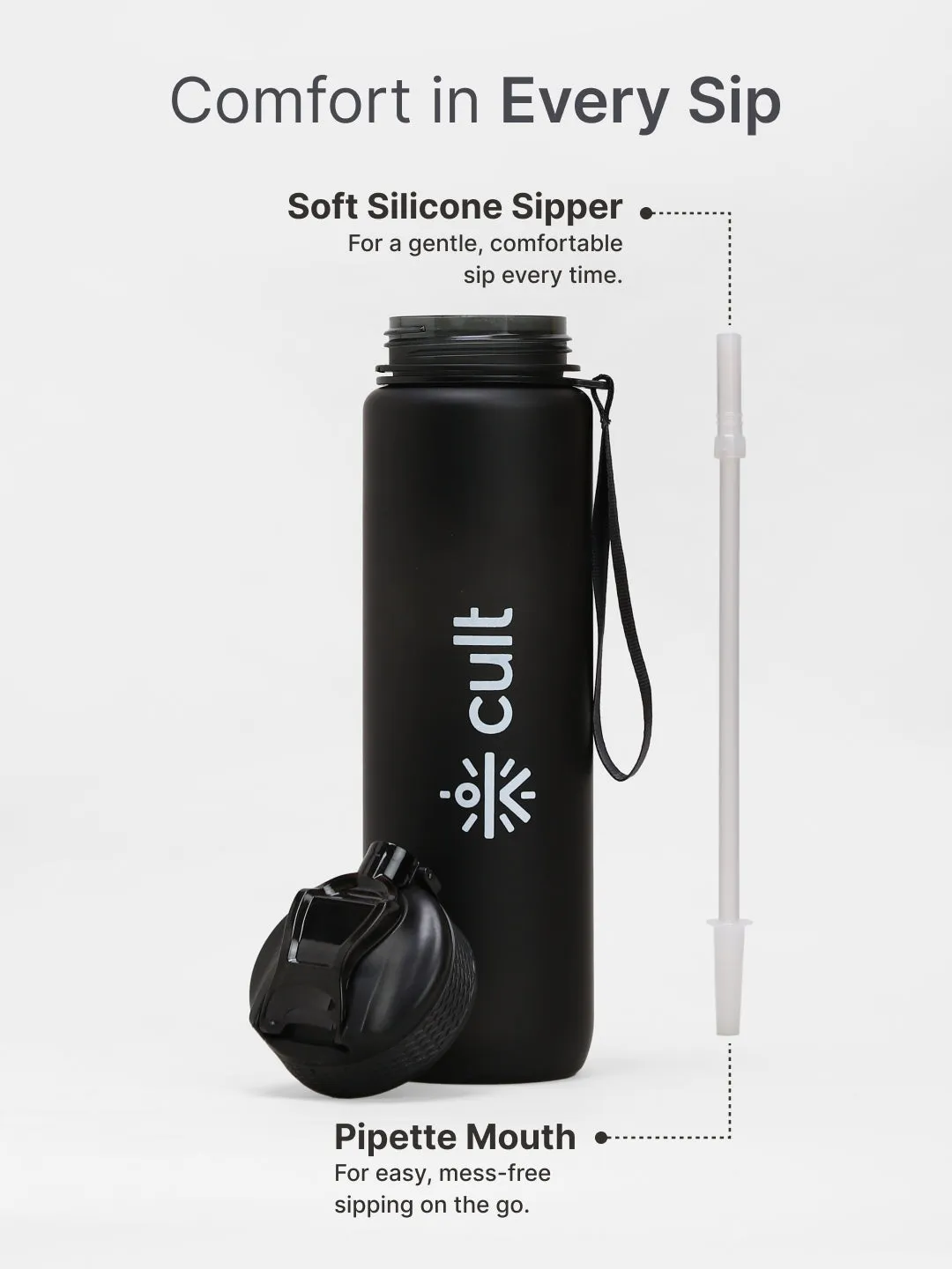 cult Motivational Bottle 1L Unisex Time Mark Sipper with Straw Black