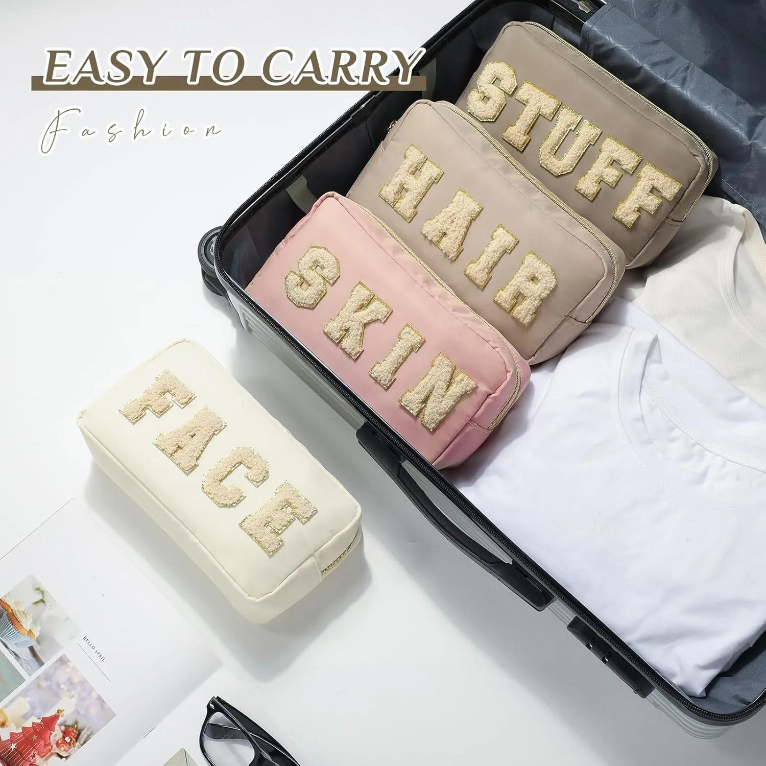 Cunno 4 Pcs Preppy Makeup Bags Chenille Letter Stuff Bag Nylon Cosmetic Pouch Cases with Zipper for Women Travel Toiletry