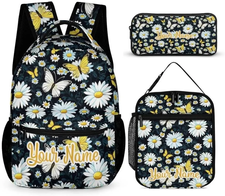 Custom Daisy Backpack with Lunch Box & Pencil Case for Kids Girls Boys School, 16 Inch Cute daisies Bookbag, School Backpack for Students Children, Lightweight, Large Capacity