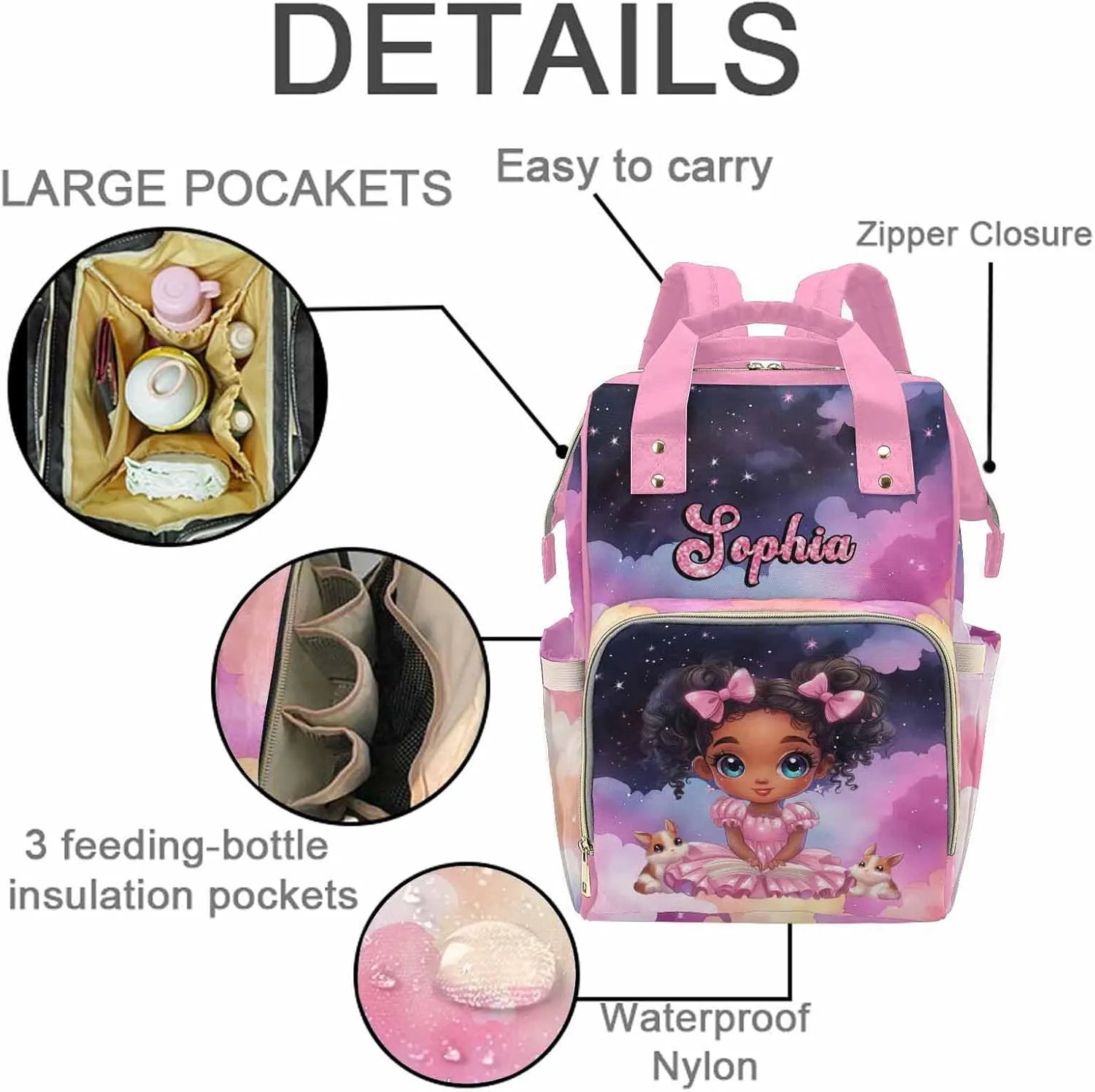 Custom Diaper Bag Backpack Baby Bag with Name Large Capacity Cute Little Girl, Personalized Nappy Backpack with Thermal Pockets Mommy Bag for Newborn Boys Girls Mother's Day