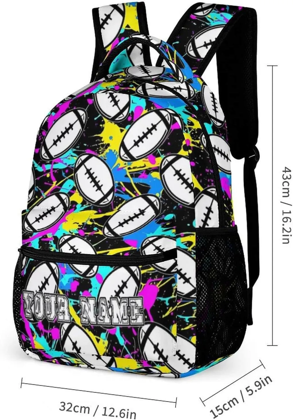 Custom Football Backpack for Kids Girls Boys School, 16 Inches Cool Football Theme Bookbag, Adjustable, Durable, Lightweight, Large Capacity, Colorful Football Backpack for School