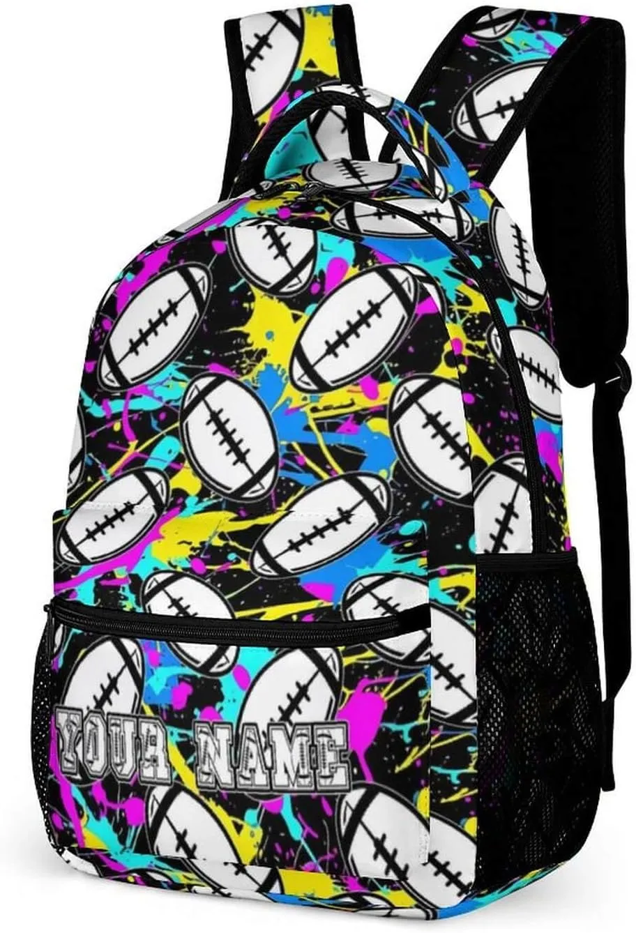 Custom Football Backpack for Kids Girls Boys School, 16 Inches Cool Football Theme Bookbag, Adjustable, Durable, Lightweight, Large Capacity, Colorful Football Backpack for School