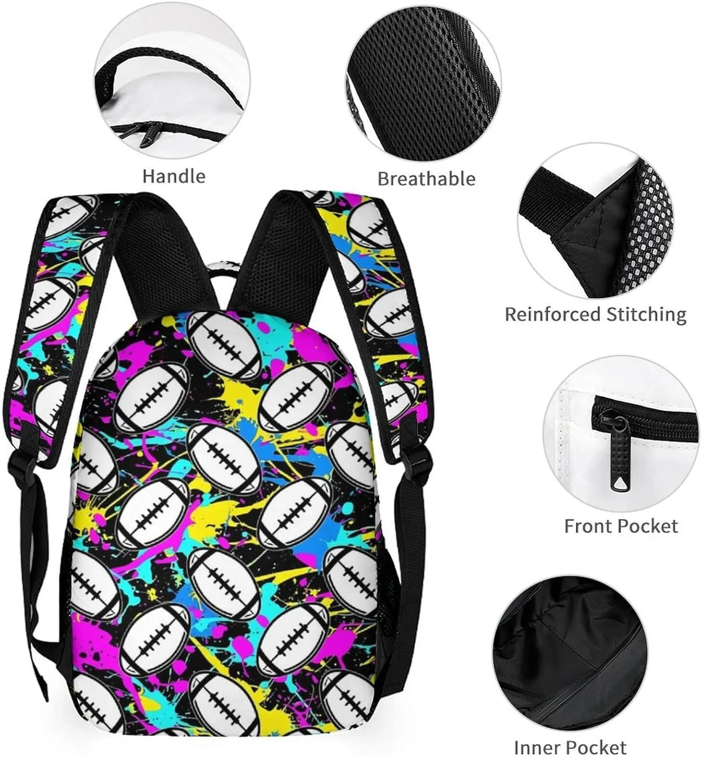 Custom Football Backpack for Kids Girls Boys School, 16 Inches Cool Football Theme Bookbag, Adjustable, Durable, Lightweight, Large Capacity, Colorful Football Backpack for School