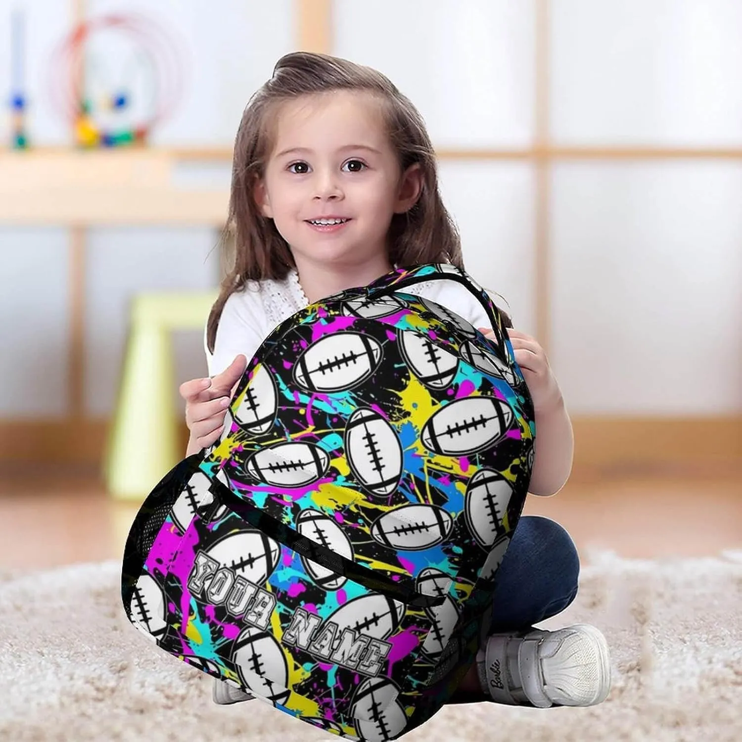Custom Football Backpack for Kids Girls Boys School, 16 Inches Cool Football Theme Bookbag, Adjustable, Durable, Lightweight, Large Capacity, Colorful Football Backpack for School