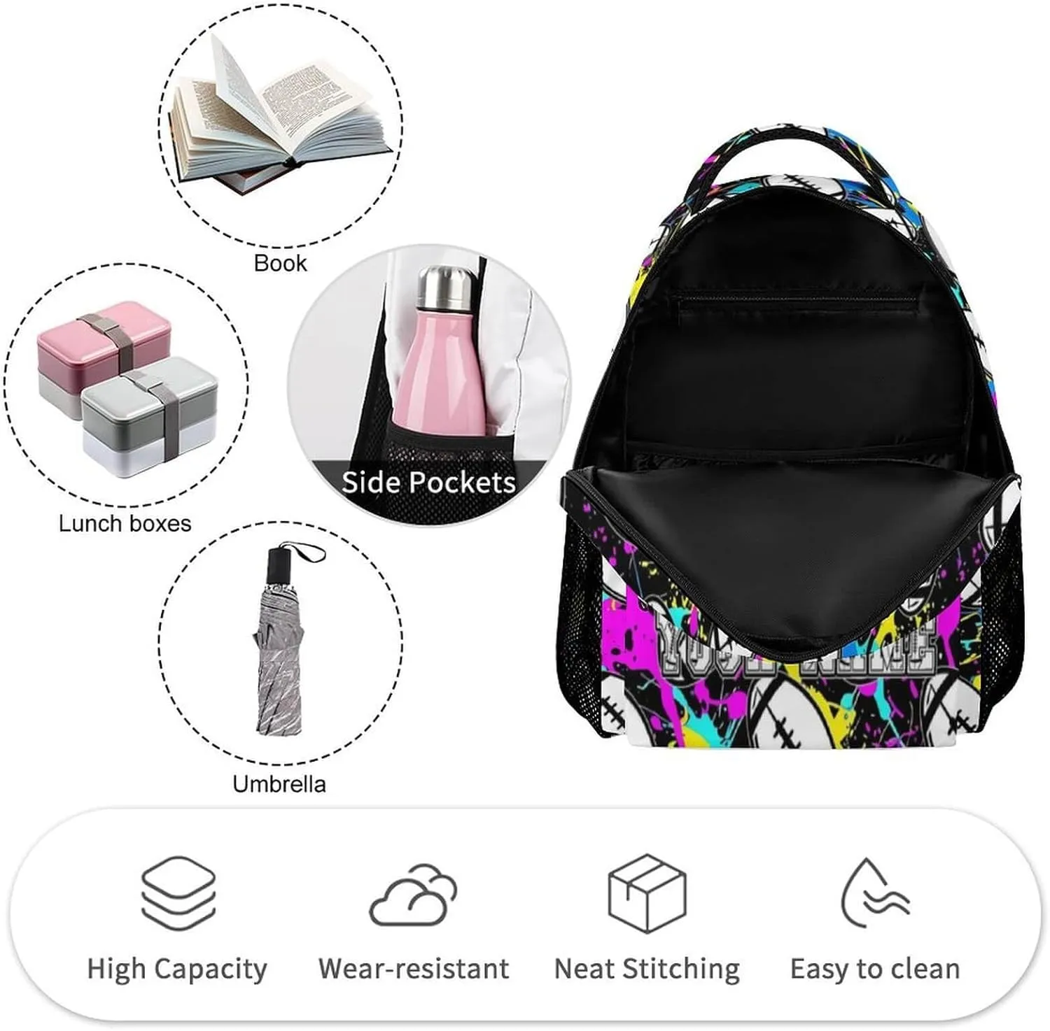 Custom Football Backpack for Kids Girls Boys School, 16 Inches Cool Football Theme Bookbag, Adjustable, Durable, Lightweight, Large Capacity, Colorful Football Backpack for School