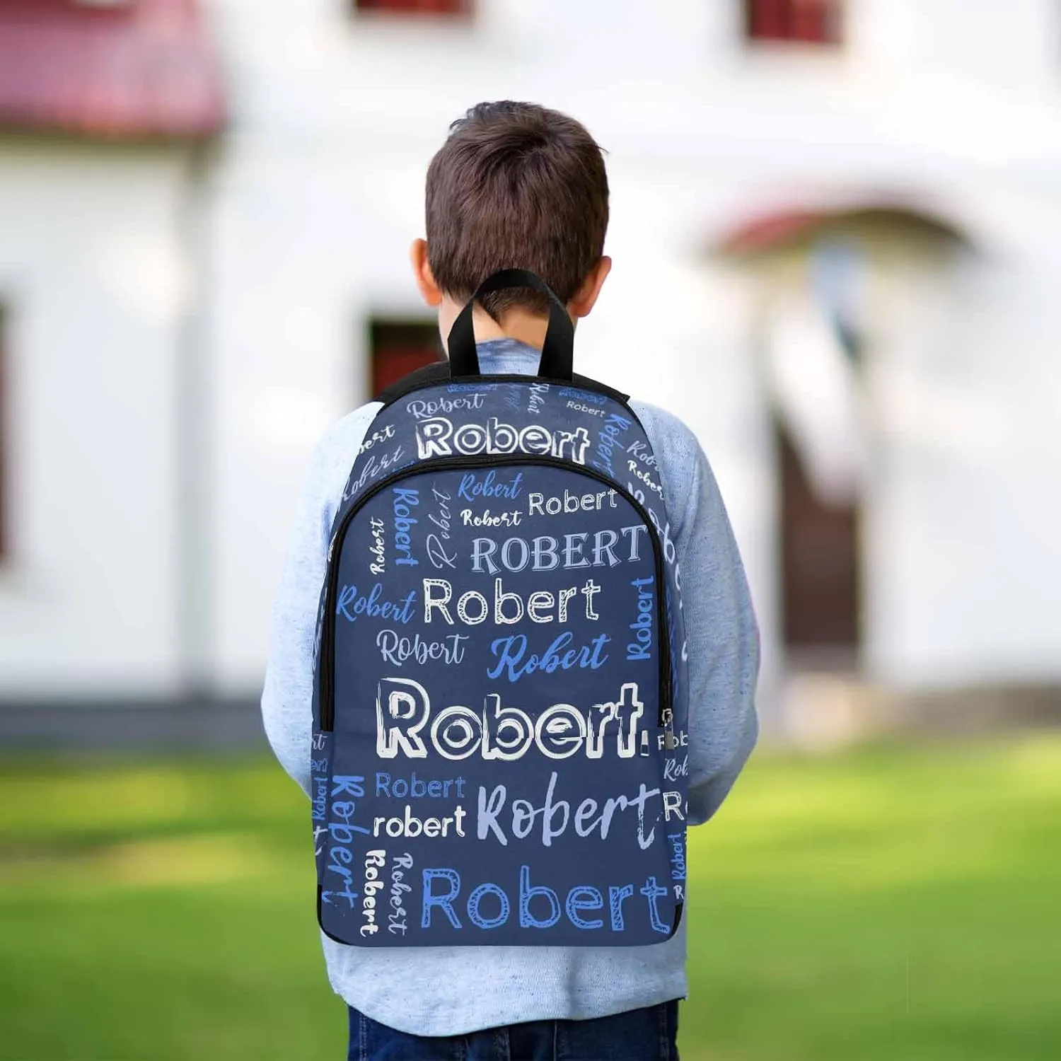 Custom Name Kid's Backpack Light Blue White Text Navy Blue Personalized School Bookbag with Your Own Name Customization Casual Bookbags for Student Girls Boys on Birthday Christmas School Season