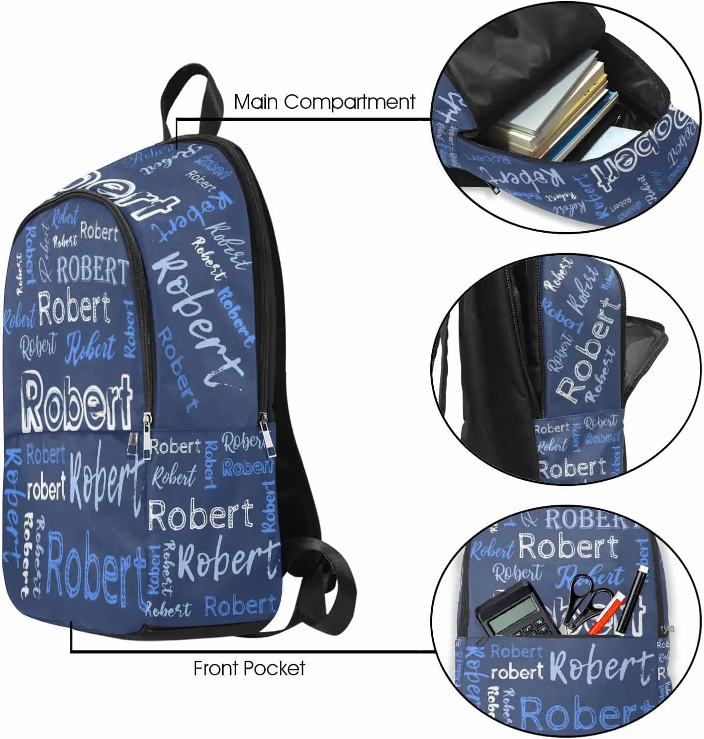 Custom Name Kid's Backpack Light Blue White Text Navy Blue Personalized School Bookbag with Your Own Name Customization Casual Bookbags for Student Girls Boys on Birthday Christmas School Season