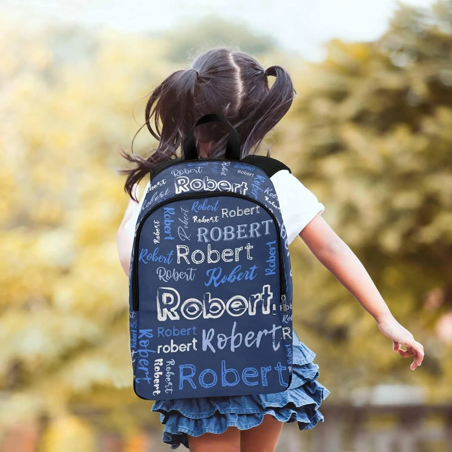 Custom Name Kid's Backpack Light Blue White Text Navy Blue Personalized School Bookbag with Your Own Name Customization Casual Bookbags for Student Girls Boys on Birthday Christmas School Season