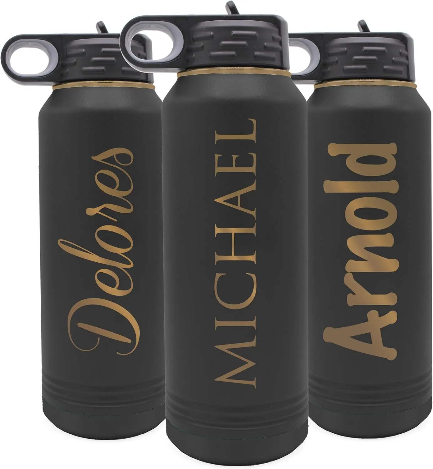 Custom Personalized Premium 32 oz Vacuum Insulated Powder Coated Stainless Steel Sports Water Bottle with Straw for Workouts, Yoga, Gym, Office, Work, Women, Men, Him, Her (Black with Gold)