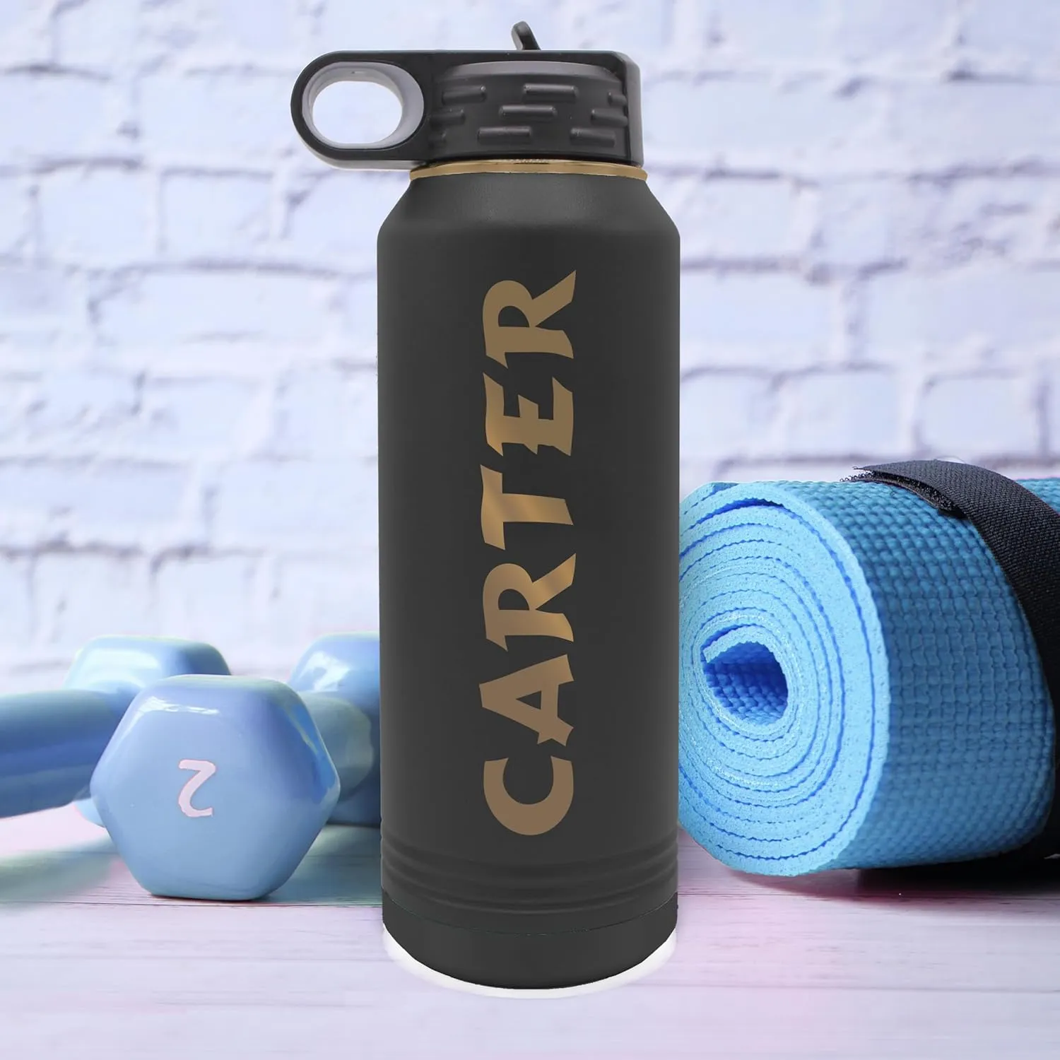 Custom Personalized Premium 32 oz Vacuum Insulated Powder Coated Stainless Steel Sports Water Bottle with Straw for Workouts, Yoga, Gym, Office, Work, Women, Men, Him, Her (Black with Gold)
