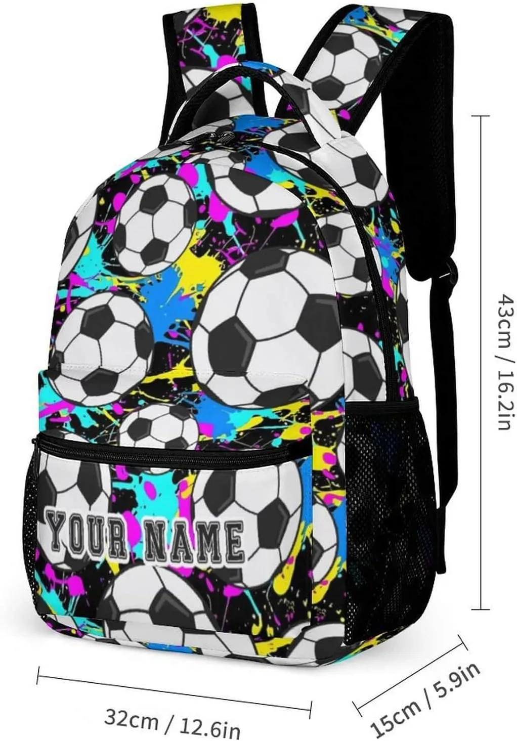 Custom Soccer Backpack for Kids Girls Boys School, 16 Inches Cool Soccer Theme Bookbag, Adjustable, Lightweight, Large Capacity, Colorful Soccer Backpack for School