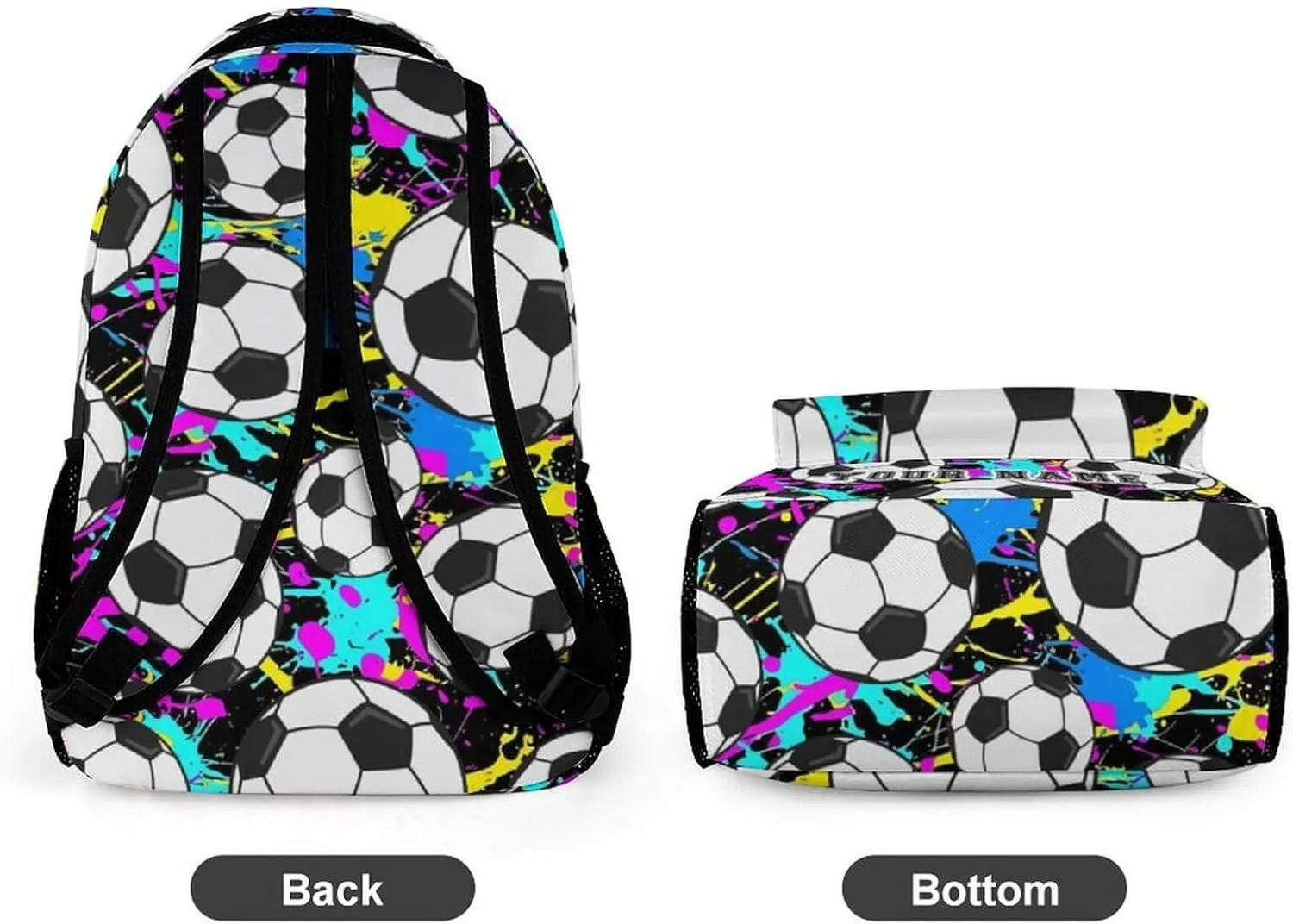 Custom Soccer Backpack for Kids Girls Boys School, 16 Inches Cool Soccer Theme Bookbag, Adjustable, Lightweight, Large Capacity, Colorful Soccer Backpack for School