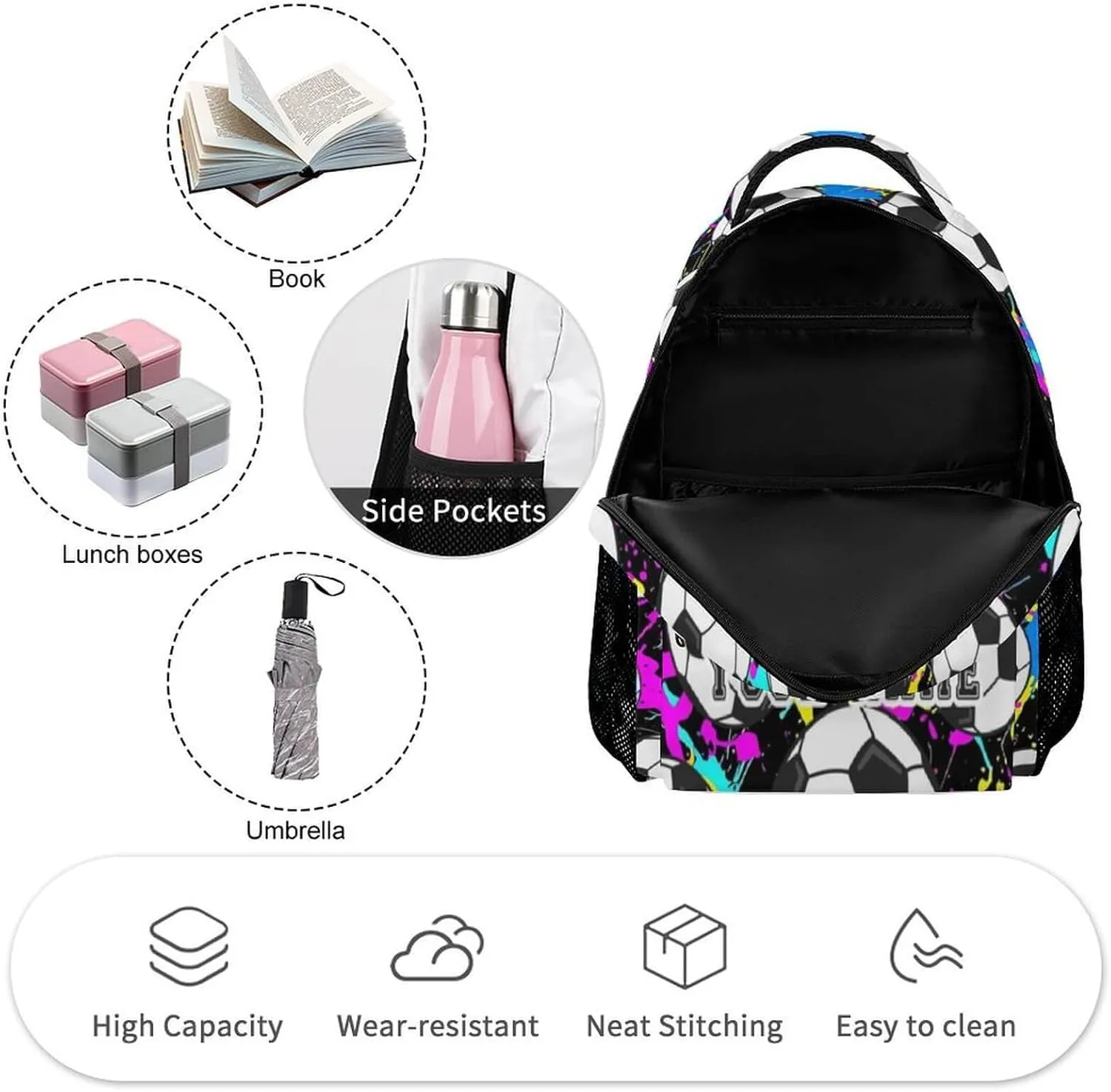 Custom Soccer Backpack for Kids Girls Boys School, 16 Inches Cool Soccer Theme Bookbag, Adjustable, Lightweight, Large Capacity, Colorful Soccer Backpack for School