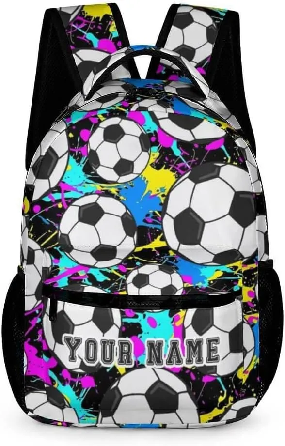 Custom Soccer Backpack for Kids Girls Boys School, 16 Inches Cool Soccer Theme Bookbag, Adjustable, Lightweight, Large Capacity, Colorful Soccer Backpack for School