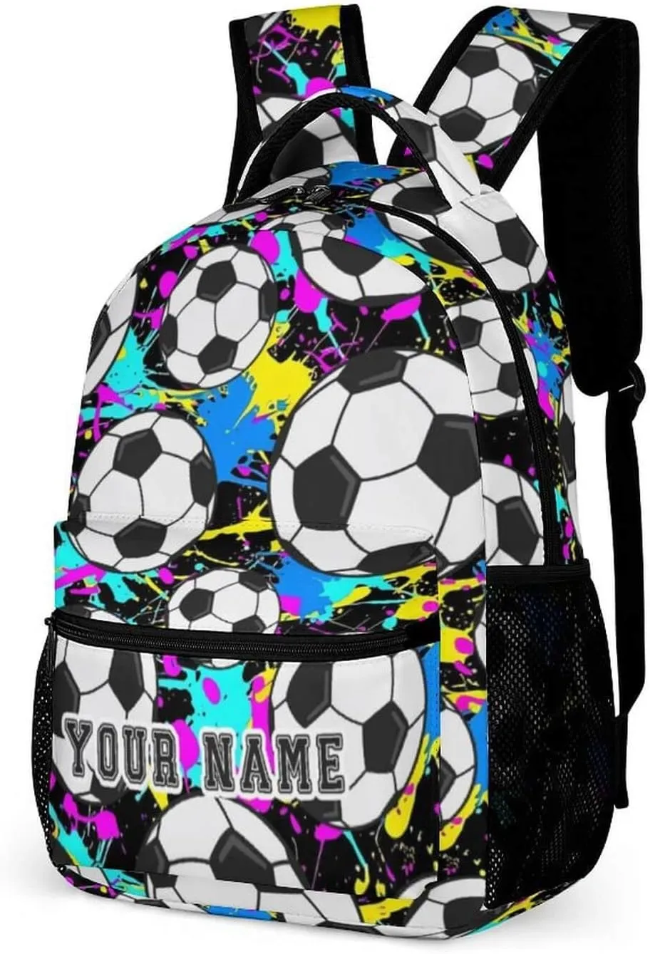 Custom Soccer Backpack for Kids Girls Boys School, 16 Inches Cool Soccer Theme Bookbag, Adjustable, Lightweight, Large Capacity, Colorful Soccer Backpack for School