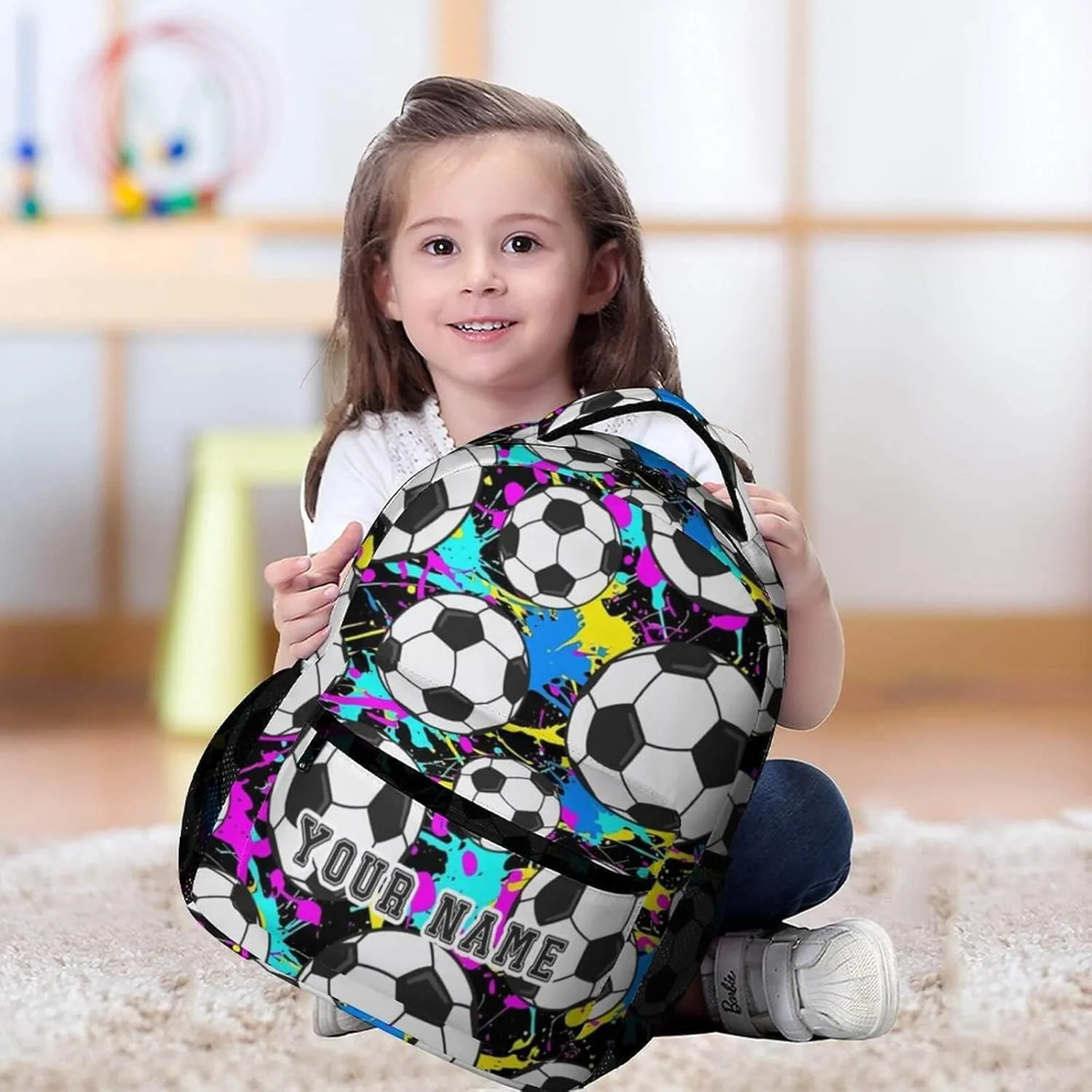 Custom Soccer Backpack for Kids Girls Boys School, 16 Inches Cool Soccer Theme Bookbag, Adjustable, Lightweight, Large Capacity, Colorful Soccer Backpack for School